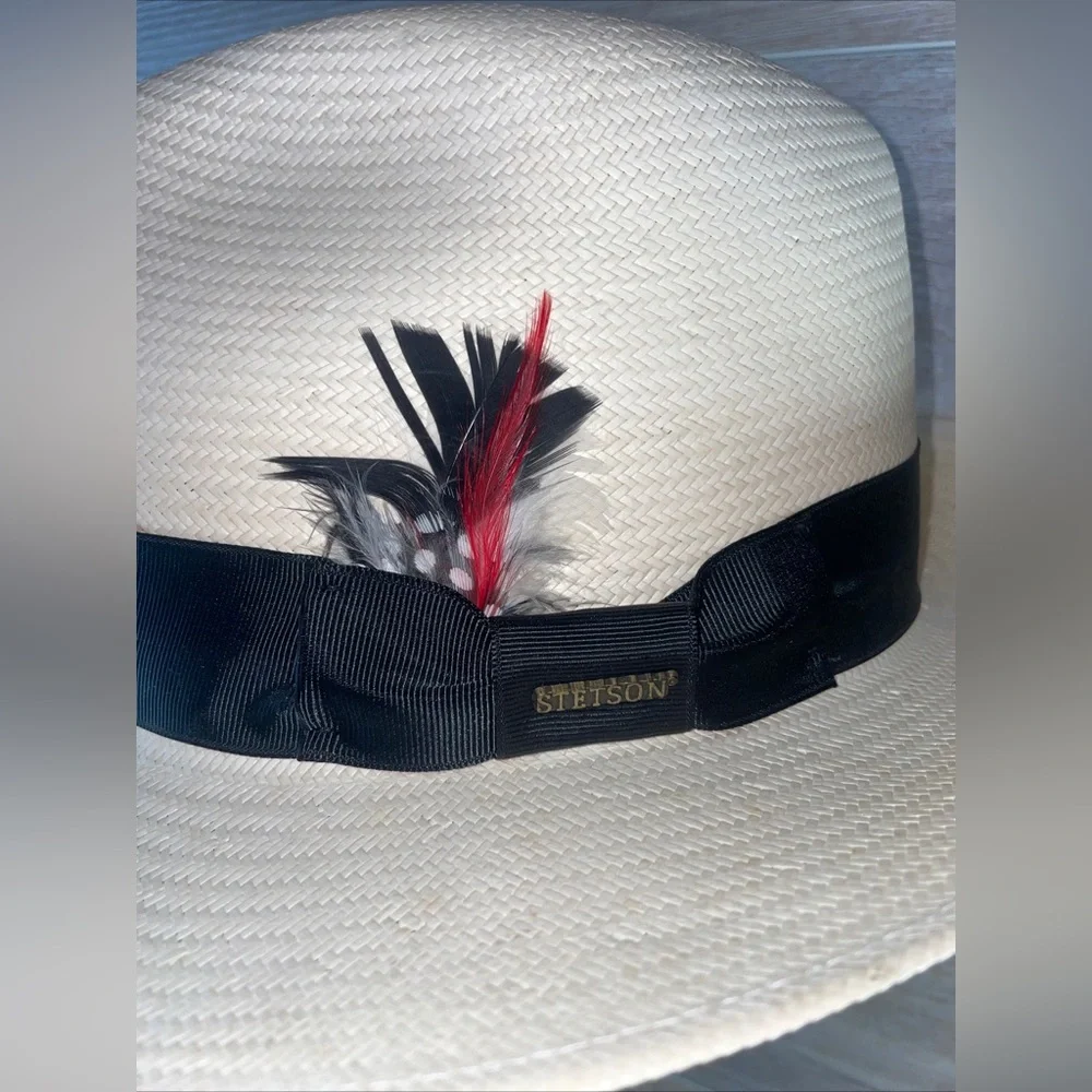 Stetson Natural Straw Feathered Fedora Panama Hat Made In Mexico X-Large EUC! - Picture 2 of 9